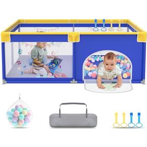 UISEBRT Box per bambini, 150 x 180 cm, con 50 palline oceaniche e 4 anelli e borsa per il trasporto, pieghevole, con rete traspirante, per bambini, blu con motivi di animali