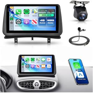 Rimoody 4G+128G Android Autoradio per Renault Clio 3th 2005-2014 9" Schermo IN-Cell HD Touchscreen Radio Auto con Carplay Android Auto Senza Fili Mirror Link WiFi Navi GPS Bluetooth FM/RDS/EQ SWC Retrocamera