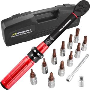 ATsafepro, 14 Pezzi Chiave Dinamometrica 1/4", 1-25 Nm Chiavi Dinamometriche Bici, 72 Denti, Regolabili Bidirezionali, Prolunga, 3/8" Adattatore, Punte (Esagonali e Torx), per La Riparazione Biciclett