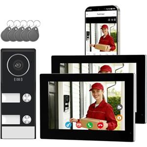 Honmidatek Sistema Videocitofonico Domestico Intelligente, videocitofono cablato con 2 Schermi da 7 pollici, Sblocco Remota, Audio Bidirezionale, RFID, visione notturna,per 2Famiglie
