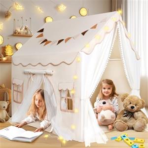 JONRRYIN Tenda per Bambini con 2 Porte, Tenda da Gioco per Bambini Interni Esterni con Sottotenda e 2 Finestre, Cameretta Tenda Letto con Luci e Bandierine, Casetta Tenda per Bambini Regalo