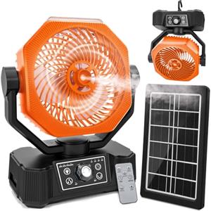 AKOFIC Ventilatore da Campeggio Solare con Nebulizzatore e Telecomando, 12000mAh Ventilatore da Esterno a Batteria Portatile con Gancio e Luci LED, Ventilatore USB da Scrivania per Casa Esterno Campeggio