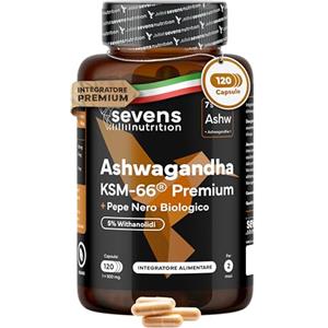 SEVENS NUTRITION Ashwagandha KSM-66® Pura - Alta Biodisponibilità - Con Pepe Nero - 5% Withanolidi - Supporto per il Benessere, Energia e Funzione Psicologica - 120 Capsule Vegane