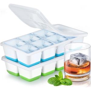 Jrisbo Stampo Ghiaccio Grande, JRISBO Set 2 Stampi con Coperchio per Cubetti Ghiaccio Silicone senza BPA, Formine Cubi Ghiaccio Forma Vaschette Ice Cube Tray per Cocktail Birra Whisky (Blu + Verde)