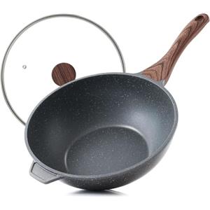 SENSARTE Wok Antiaderente 28 cm con Coperchio, padella pietra per induzione