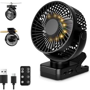 ArsMotin Ventilatore 4 in 1 a Pinza, Batteria 12000 mAh Ricaricabile USB, Portatile con Telecomando, Luce LED, 3 Velocità, Timer, Rotazione 360°, per Tavolo, Auto, Passeggino, Campeggio ed Esterno, Nero