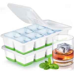 Jrisbo Stampo Ghiaccio Grande, JRISBO Set 2 Stampi con Coperchio per Cubetti Ghiaccio Silicone senza BPA, Formine Cubi Ghiaccio Forma Vaschette Ice Cube Tray per Cocktail Birra Whisky (Verde)