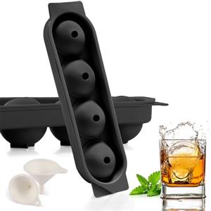 Quirlig Ghiaccio Stampo Silicone, 2 Pezzi 4 Rotondo Cubetti Ghiaccio con Coperchio, 4.5cm Grandi Formine Cubi Ghiaccio Silicone Ice Cube Tray per Birra Cocktail Whisky Vino Puree di Frutta Gelati - Nero
