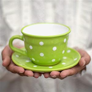 City to Cottage Tazza Grande da 350ml in Ceramica | Tazzina da Caffè, Cappuccino e Tè con Piattino | Fantasia a Pois Verde Lime e Bianco