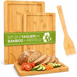 FAH FAMILY AT HOME FAH - Set 3 Taglieri in Legno Bamboo da Cucina Professionali con Mestolo