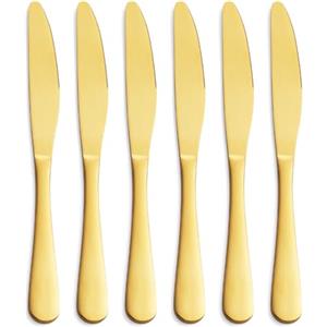 GoGeiLi Coltelli da Tavola, Oro Opaco, Acciaio Inossidabile, Satinato, 23,9 cm, Set di Coltelli da Tavola per 6 Persone, Lavabili in Lavastoviglie