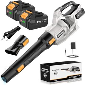 KUZUPRO Soffiatore a Batteria, KUZUPRO Soffiatore per Foglie 21 V con 2 Batterie da 4,0 Ah e Caricabatterie, 240 km/h, 3 Velocità Regolabili, 2 Ugelli e Tracolla per Giardino, Cortile e Terrazza