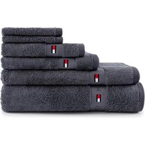 Tommy Hilfiger - Asciugamano da bagno, color grigio, spugna boucle, 520 g/m², 100% cotone pettinato, passamaneria jacquard e ricami, morbido e assorbente