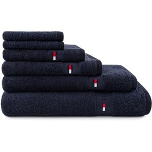 Tommy Hilfiger - Asciugamano da bagno, blu navy, spugna boucle, 520 g/m², 100% cotone pettinato, passamaneria jacquard e ricami, morbido e assorbente