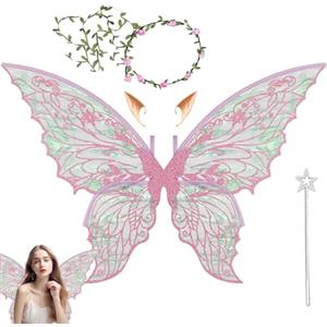 Kezidhp Costume Ali da Fata con Ali da Farfalla, Orecchie da Elfo, Corona di Fiori & Bacchetta Magica - Ali da Fata Bambini & Adulti, Ideale per Halloween, Carnevale, Cosplay & Compleanni