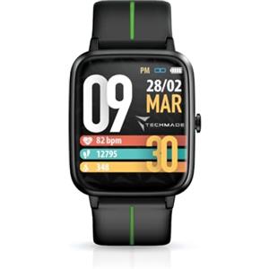 TECHMADE MOVE Smartwatch Unisex con Contapassi, Frequenza Cardiaca, Sonno, Sport CON GPS INTEGRATO, per attività in door e out door | Android e iOS (cinturino nero con riga verde)