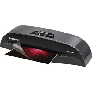 Fellowes Plastificatrice A4 Calibre per piccoli uffici, Pronta in 1 minuto con Spegnimento e modalità Riposo, 80-125 Micron, Kit con 10 fogli A4 per plastificazione incluso, Nero