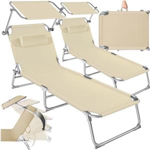 tectake® Set da 2 Lettino Prendisole Pieghevole, 190 x 68 x 111 cm, Sedia a Sdraio con Parasole, Cuscino e Maniglia Trasporto, Schienale Regolabile in 4 Posizioni, Traspirante ed Impermeabile - Beige