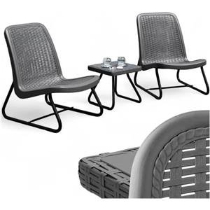 tectake® Salotto da Giardino in Rattan, Salotto da Giardino Esterno con Telaio in Acciaio, 1 Tavolino Salotto, 2 Sedie da Giardino con Schienali Ergonomici e Regolabili in Altezza - Grigio