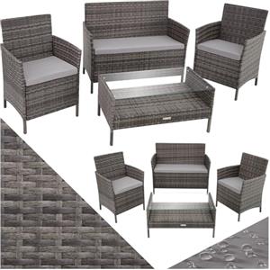 tectake® Set di Mobili da Giardino in Polyrattan, 1 Tavolino Salotto con Piano in Vetro, 1 Panca, Set Sedie con Cuscini, Rivestimenti Sfoderabili, Telaio in Acciaio - Grigio