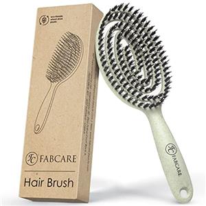 FABCARE Spazzola Capelli con Setole di Cinghiale e Doppia Molla a Spirale - Spazzola Districante per Capelli Professionale per Ogni Tipo di Capelli (Verde)