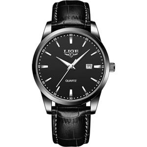 LIGE Orologio Vintage Uomo Elegante Analogico Quarzo Classico Wrist Watches For Men Impermeabile In Vera Pelle Pointer Luminoso Business Orologio Da Polso Uomo Con Data,Nero