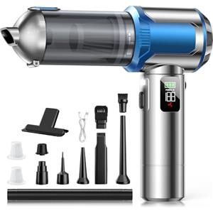 Zeputra Aspirapolvere Senza Fili, 17000Pa Aspirapolvere Auto Potente, 1-Touch Dust Dump, 3 Velocità Motore Brushless 4 in 1 Aspirapolvere Portatile con display HD/Illuminazione/Ricarica Rapida, Argento & Blu