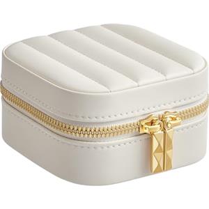 SONGMICS HOME ANAH Collezione - Portagioie da Viaggio, Piccola Scatola Porta Gioielli con Specchio, 10,5 x 10,5 x 6 cm, PU con Cucitura, Portatile, Idea Regalo, Bianco Nuvola JBC179W01