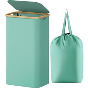 Lifewit Cesta Portabiancheria 100 L con Coperchio, Grande Cesto Biancheria Pieghevole in Bambù con Sacco Interno, Portabiancheria Salvaspazio, Laundry Basket per Camera da Letto, Bagno, Blu Verde
