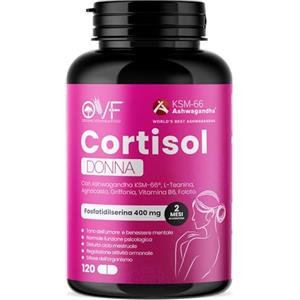 PARAFARMACIA, ORGANIC VITAMINS & FOOD OVF Cortisol Donna Integratore con Fosfatidilserina Griffonia 5HTP Ashwagandha ksm-66 e L-Teanina 120 Capsule Supporto Per Tono Dell'Umore e Rilassamento Notturno Contrasto Dolori Mestruali