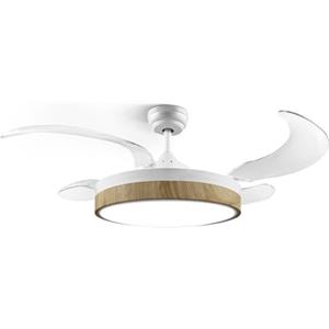 Ufesa Ventilatore da soffitto Seoul, motore DC 40W, silenzioso ed efficiente, 106 cm, luce LED integrata 48 cm, 4 pale retrattili, 3 tonalità di luce, 6 velocità, timer, telecomando, bianco/legno