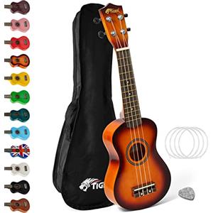 Tiger UKE7-SB ukulele soprano Sunburst per principianti | Include custodia, plettro in feltro e corde di ricambio, con corde Aquila per migliore intonazione.