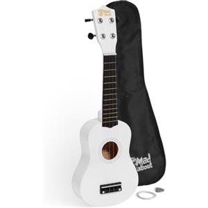 Mad About SU8-WH Ukulele soprano in bianco con custodia morbida, plettro e corde di ricambio, Ora dotato di corde in carbonio nere che offrono un suono più brillante