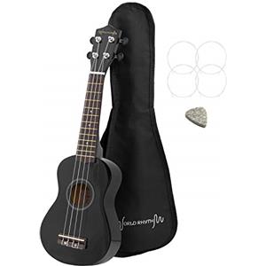 World Rhythm - Ukulele Soprano per Principianti, Finitura Nera, Con Custodia, Corde Di Ricambio e Plettro In Feltro, Con Corde Aquila, Nero