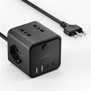 KEMELO Ciabatta Elettrica Multipresa con 4 Prese Universali 10/16A ITA e Schuko, 2 M Prolunga Elettrica con 2 USB A+2 USB C,Presa Multipla Spina Piatta Salvaspazio con Interruttori per Casa, Ufficio Nero