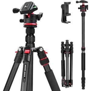 NEEWER BASICS Monopiede Treppiede da Viaggio in Fibra Carbonio, Cavalletto Fotocamera e Cellulare Portatile e Compatto da 162cm Compatibile con iPhone per Video, Testa Sfera Tipo Arca, Max 6kg, TP17B