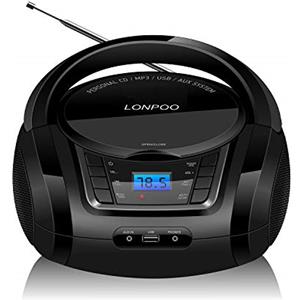 LONPOO Lettore CD Portatile, LONPOO Radio Portatili Boombox Stereo Bluetooth Portatile con Altoparlanti Integrati, Ingresso USB, Ingresso AUX, Uscita Cuffie (Black)