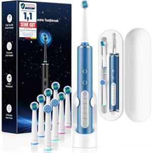 Nevoke Spazzolino Elettrico Rotante per Adulti e Bambini con 3 Intensità e 5 Modalità, Electric Toothbrush con 8 Testine, Custodia da Viaggio, Impermeabile IPX7, Autonomia fino a 120 Giorni(Blu Scuro)