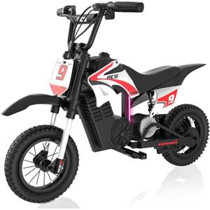 RCB R9X PRO Moto Elettrica per Bambini, Motocicletta con Motore 350W, 3 Velocità (10/15/25 km/h), autonomia 16 KM, luci Ambientali, Doble Suspensión, Ruote 12" Motocross per bambini 6+ anni