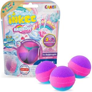INKEE Pack Color Rainbow World - Confezione da 3 bombe da bagno profumate per bambini, 3 palline da bagno con 3 diversi strati di colore (rosa, viola e blu), aroma di zucchero filato e olio di argan