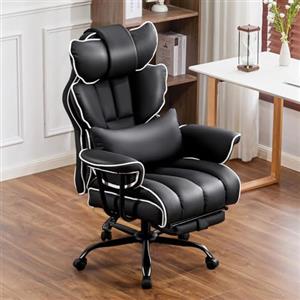 Ckaff Sedia Ufficio Ergonomica, Poltrona Direzionale in Pelle PU, Sedia Gaming con Poggiapiedi e Supporto Lombare, Sedia da Ufficio Reclinabile Girevoli Altezza Regolabile 200kg (Nero)