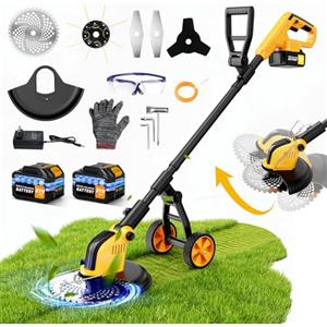 reffmov Decespugliatore a Batteria, 30CM Tagliaerba a Batteria con 2 Batterie da 3.0AH,Tagliaerba Elettrico con Ruota,Motore Senza Spazzole 800W,4 Tipi di Lamelle per Taglio Di Giardini, Prati,Arbusti