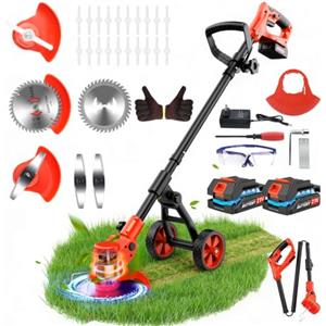 Lemolifys Decespugliatore a Batteria da 4-IN-1,Tagliabordi a Batteria Decespugliatore Elettrico con 2×2,0Ah Batterie con Caricabatterie e Ruote Rimovibili, 3 Tipi di Lame per Il Taglio Di Giardini Prati