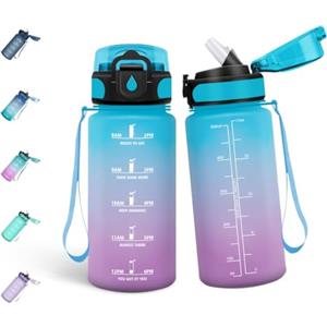 Mulbijeo Borraccia 500ML, Libre de BPA & A Prova di Perdita, Borraccia con Cannuccia, Reutilizables, Cantimplora Motivazionale, Cantimplora Palestra per Scuola, Blu-Viola