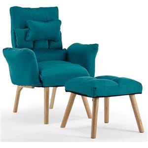 TUKAILAi Poltrona con Poggiapiedi in Velluto, Poltrona Relax Imbottita Reclinabile fino 360°, Gamba di Legno Schienale Braccioli per TV Lettura Camera da Letto caffè Studio(Blu)