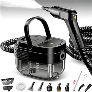 Purova Pulitore a Vapore 2500W, Serbatoio Acqua 1600ML, Maniglia Regolabile in 3 Livelli, Alta Temperatura 105℃ e Pressione 3Bar, Riscaldamento Rapido 15s, 10 Accessori, per Auto, Cucina (Nero)