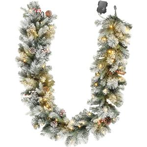 HOMCOM Ghirlanda Natalizia Ø25x180 cm con 50 Luci LED, Bacche e Pigne, in Plastica e Metallo, Verde e Bianco | Aosom Italy
