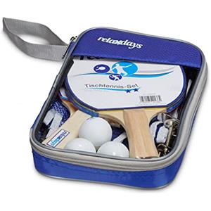 Relaxdays Set da Ping Pong, Gioco con 2 Racchette, Rete e 3 Palline, con Custodia, 2 Stelle, Blu