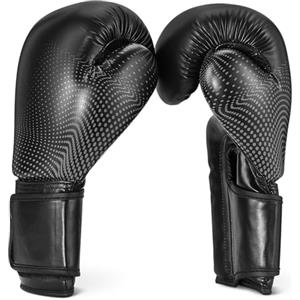 Amazon Basics Guantoni da Boxe in Pelle Sintetica per Uomo e Donna - Guanti da Allenamento per Sparring, MMA, Muay Thai - Design Ergonomico e Traspirante con Supporto Polso - Nero