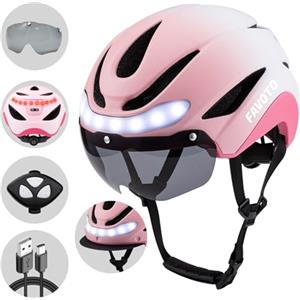 Favoto Casco da Bicicletta con Luce - Caschi Ciclismo per Uomo Donna Adulti con Luci Posteriori Circonferenza Regolabile Visiera Rimovibile L 59-61cm Rosa